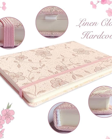 A5 Notebook, Ruled Paper, Lined Page, Hardcover, Layflat, Linen Cover, Flower Fabric, Journal for Women, Elastic Band Closure, Cute Notebooks for School, Office, Personal Writing, Pink