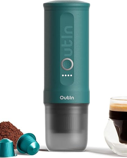 OutIn Nano Portable Electric Espresso Machine, Travel Coffee Maker for Camping, Car Coffee Maker Self-Heating with USB-C, With Ground Coffee & NS Capsule for RV, Hiking, Office