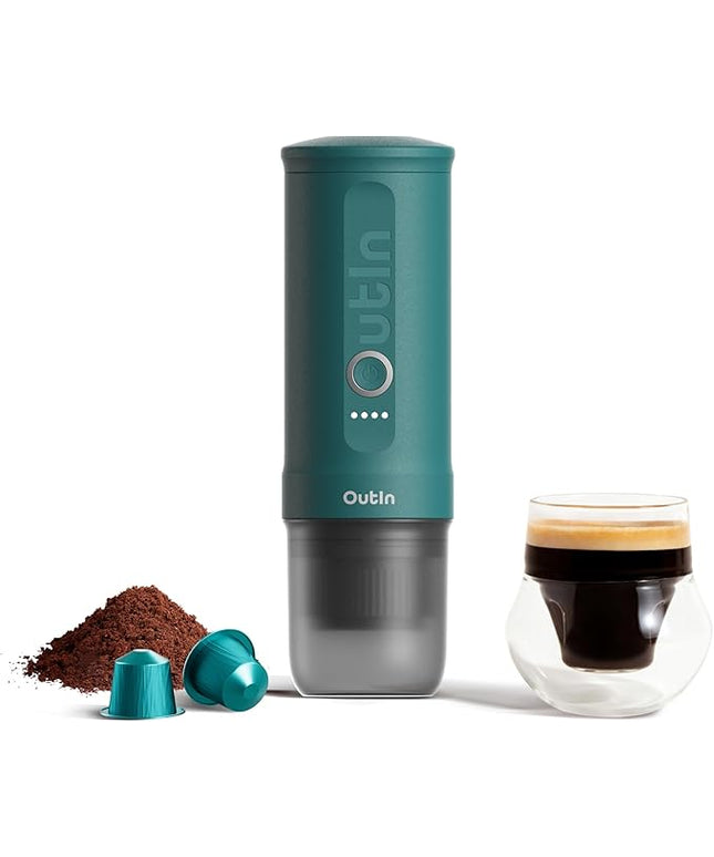 OutIn Nano Portable Electric Espresso Machine, Travel Coffee Maker for Camping, Car Coffee Maker Self-Heating with USB-C, With Ground Coffee & NS Capsule for RV, Hiking, Office