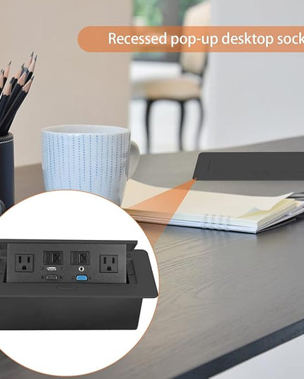 Table Pop up Power Strip Box Desktop Pop Up Outlet Recessed Multimedia Strip Socket Conference Table Power Hub Hidden Table Connection Box with Outlet Network HDMI for Office Desk (Black-A)