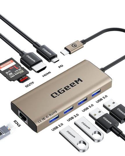 QGeeM USB C Hub Ethernet,9 in 1 USB Type C Hub HDMI Multi-Port Converter Adapter,100W Pd, USB 3.0,SD/TF Card Reader,Compatible for MacBook Pro Air Ipad HP Dell Lenovo Chromebook etc.-Brown