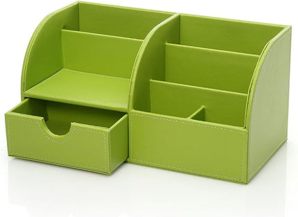 KINGFOM Pu Leather Desk Organizer Pen Pencil Holder Office Supplies Caddy Storage Box 6 Compartments with Drawer Green