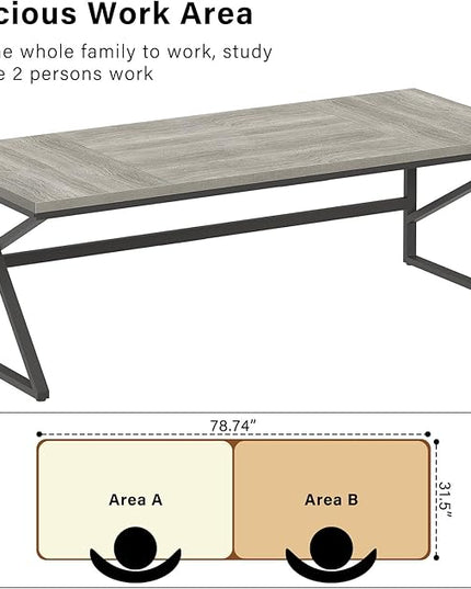 HSH 78 Inch Long Home Office Desk, Extra Large Grey Computer Desk for 2 Person, Industrial Wooden and Metal Executive Work Writing Study Gaming Desk Table, Modern Bedroom PC Laptop Desk Double Desk