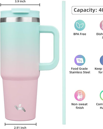 40 oz Tumbler with Handle and 2 Straws,2 in 1 Lid Insulated Water Bottle Stainless Steel Travel Coffee Mug,Gum