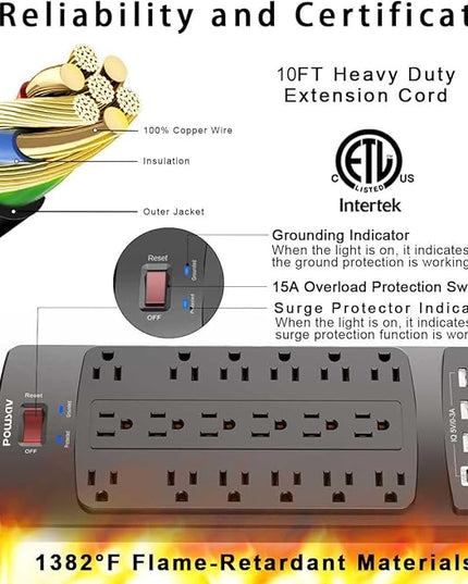 18 Outlets Surge Protector Power Strip - 10 Feet Flat Plug Heavy Duty Extension Cord with 18 Widely Outlets and 4 USB Ports, 2100 Joules, Black, ETL Listed