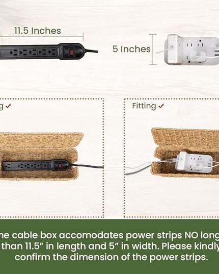 Cable Management Box, Handmade Rattan Cable Organizer, 2 Open Slots Cords Hider Box, Under Desk Cord Organizer for Computer Router USB Hub & Power Strip, Patent Pending, 13" x 5.1" x 5.1", Natural