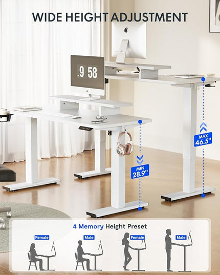 FLEXISPOT Standing Desk with Monitor Stand, 55 x 24 Inches One-Piece Electric Height Adjustable Computer Desk with Cup Holder, Home Office Desks (White Frame+ White Top)