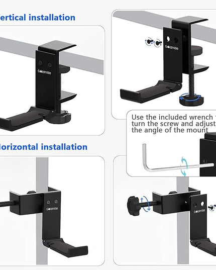 Goldmille Aluminum Headphone Stand Hanger Foldable with Cable Clip Headset Holder Clamp Hook Under Desk, Save Your Space While Working & Gaming