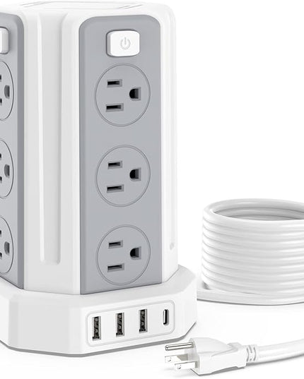 Power Strip Surge Protector, 10 Ft Extension Cord with 12 AC Multiple Outlets 4 USB (1 USB C), SMALLRT Power Tower Desktop Charging Station (White, 10 FT PD20W)