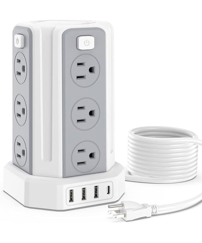 Power Strip Surge Protector, 10 Ft Extension Cord with 12 AC Multiple Outlets 4 USB (1 USB C), SMALLRT Power Tower Desktop Charging Station (White, 10 FT PD20W)