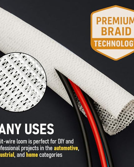 MGI SpeedWare Braided Split-Sleeve White Wire Loom for High-Temperature Automotive Harness and Home Cable Management 25 feet (1/8")