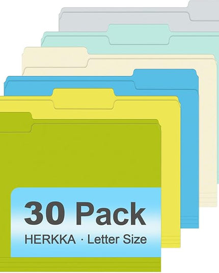 File Folder, HERKKA 30 Pack 1/3 Cut Tab File Folders, Letter Size, Assorted 6 Colors, Colored File Folders Designed for Office and Classroom Use