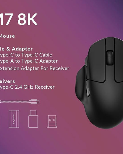 Keychron M7 8K Wireless Mouse, 30K DPI Optical Computer Mice, 2.4 GHz/Bluetooth/Wired with Macro Button 66g Lightweight Ergonomic, Up to 140 Hours Worktime for Laptop macOS/Windows - Black