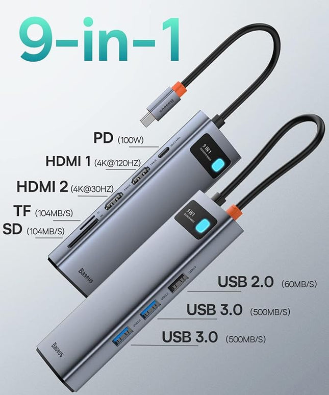 Baseus Laptop Docking Station Dual Monitor 4K@120Hz, 9 in 1 USB C Hub with 2 HDMI, 1000Mbps LAN, Max 85W PD, 3 USB, SD Card Reader, USB C Dock Compatible with iPhone 15/Mac/Dell/HP/Surface/Steam Deck