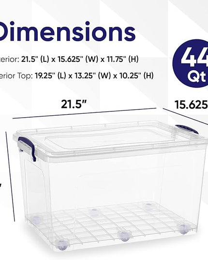 Superio Storage Bins with Lids- Clear Boxes for Organizing, Stackable Plastic Containers- BPA Free, Non-Toxic, Odor Free, Organizer for Home, Office, Dorm (8 Pack, 44 Qt (Wheeled))