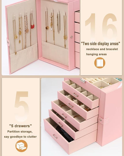 BOOVO Jewelry Box For women, 6 Layer Large Jewelry Organizer With Mirror, Multi-Function Storage Box With Lock, Necklace Holder With 5 Drawers, For Earrings Necklace Bracelet (Silver and Pink)