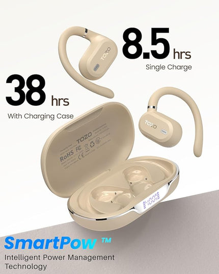 TOZO OpenWear Open Ear Headphones, Adjustable Ear Hooks, Ultra Comfort, Punchy Bass Bluetooth Headphones 5.4 with Smart Digital Display, Immersive Audio Earbuds, Stereo Bass, Fast Charging