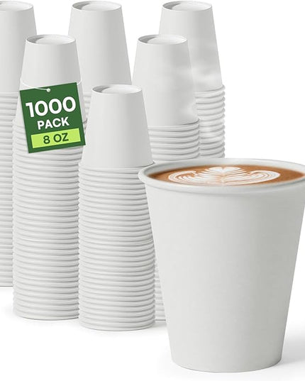 Paper Cups 8 oz Disposable Coffee Cups, 1000 Pack Thickened Disposable Hot Cups, 300GSM BPA Free Small Disposable Cups, White Paper Cups Bulk for Home Office Cafe Coffee Bar Supplies Party Essentials