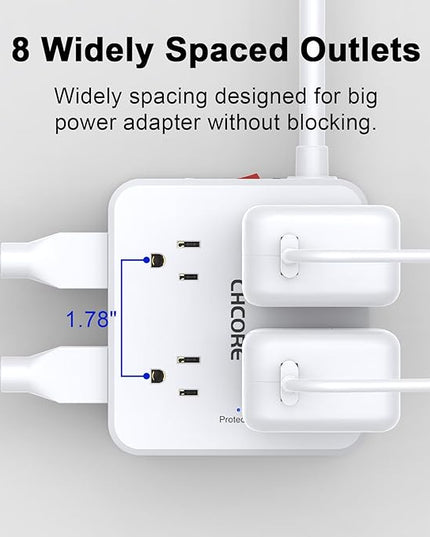 10Ft Surge Protector Power Strip - CHCORE Flat Plug Extension Cord with 8 Outlets and 4 USB Ports(2 USB C), 3 Side Wall Mount Outlet Extender for Home Dorm Room Essentials, ETL Listed, White