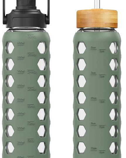 MUKOKO 32oz Glass Water Bottles with 2 Lids-Handle Spout Lid&Bamboo Straw Lid, Motivational Water Tumbler with Time Marker Reminder and Silicone Sleeve, Leakproof-Olive-1 Pack