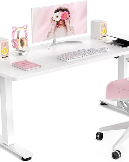 Veken 47.2 Inch Large Electric Standing Desk, Heights Adjustable, Sit to Stand Up, Work Home Office Computer Table for Study, Walking Pad, Writing, and Games, Wooden Desktop Desks, White