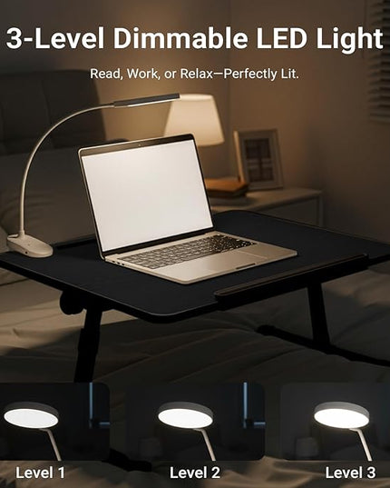 iXTRA Laptop Lap Desk with Cooling Fan - Adjustable Bed Desk with Light, Bed Table with Cup Holder&Phone Holder - Storage Drawer Desk - Folding Bed Desk,Black,70x45cm