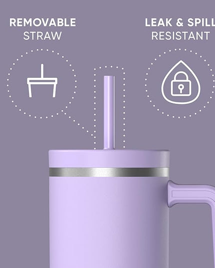 Hydrapeak Voyager 40 Oz Stainless Steel Tumbler with Handle, Insulated Water Bottle With Straw & Lid, Cupholder Friendly Reusable Travel Mug (Lavender)