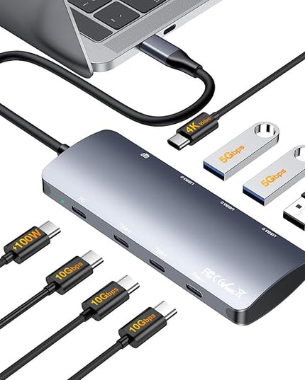 USB C Hub 10Gbps, USB C Splitter with 4K@60Hz Video Output, 100W PD Charging, Data Transfer, USB4 Multiport Dongle Adapter Extender for MacBook Pro/Air, iPad Pro, Dell, HP and More Type C Devices