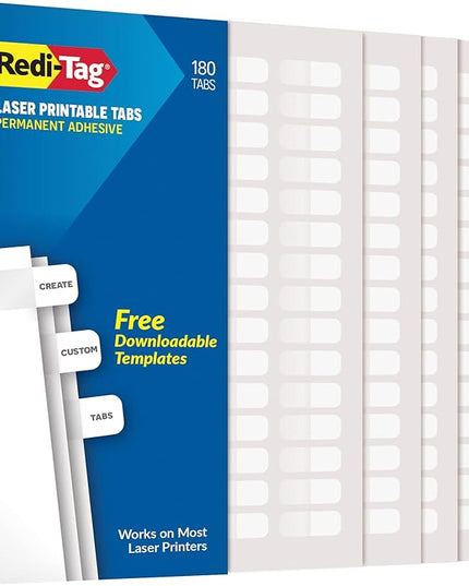 Redi-Tag Laser Index Tabs, Divider Tabs, Permanent Adhesive Index Labels, Customizable Divider Labels, 7/16" x 1", White, 180 Tabs, (B33001)