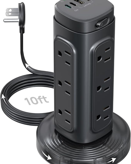 TROND Semi-Retractable Power Strip Tower - Flat Plug Surge Protector Power Strip with USB C PD 20W, 10ft Extension Cord with Multiple Outlets, 1700 Joules, Home Office Dorm Room Essentials, Black