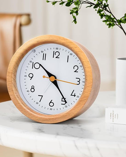 Oxmidud 4'' Natural Wooden Analog Alarm Clock with Soft Night Light - Battery Operated Non-Ticking Silent Tabletop Minimalist Desk & Bedside Clock for Bedrooms Living Room Home Office Decor