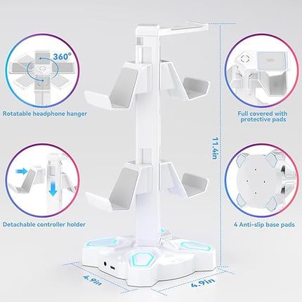 KDD Gaming Headphones Stand, Rotatable Headset Stand with Light Modes - Controller Holder with 2 USB Charging Ports and 3.5mm - Earphone Hanger Accessories for Desktop Gamer(White)