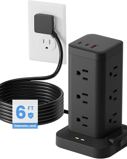 Power Strip Tower with Surge Protector 1800J, Fast Charging Tower PD20W USB-C Ports with 12 AC Outlets, 6ft Extension Cord for Home Office Dorm Room, Black