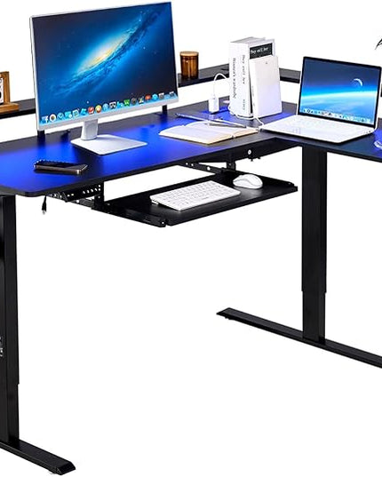 VEVOR L Shaped Desk, Electric Adjustable Height Corner Gaming Desk with Keyboard Tray and Dual Hooks, Heavy Duty L-Shaped Computer Table with Light Strip for Home Office, Easy to Assemble, Black