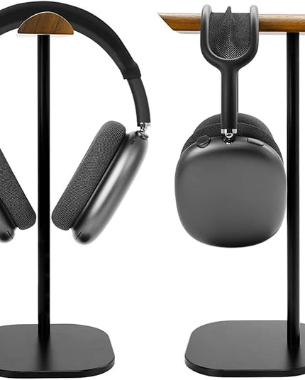 GEVO Headphone Stand for Desk, Walnut Wood & Aluminum Headset Stand, Universal Walnut Gaming Headset Holder with Solid Heavy Base for AirPod Max, Bose, Sony All Headphone Sizes (Square Base)