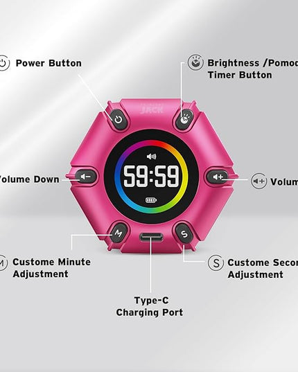 Printers Jack, Visual Pomodoro Timer, Productivity Cube Timer, Mute & Vibration & Adjustable Sound Alert, for Office, ADHD, Study, Work, 3/5/10/25/30/60min & Custom Countdown - Hot Pink