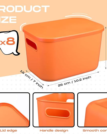 Hoolerry 8 Pieces Colorful Storage Bins with Lid, Plastic Storage Basket Organizing Container Stackable Box with Handle for Shelves Desktop Playroom Office(10.2 x 7 x 6.3 Inch,Orange)