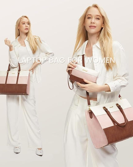 LOVEVOOK Laptop Bag for Women, 15.6 Inch Laptop Tote Bag, Vintage Leather Work Bags for Women, Waterproof Computer bag with Clutch Purse, Large Capacity Briefcase, Business Office Bag