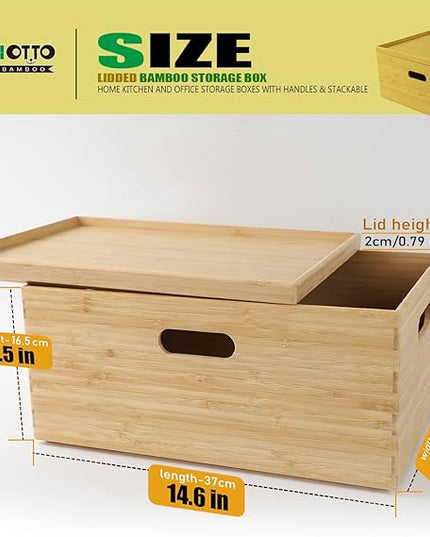 BAMOTTO Lidded Bamboo Storage Bins & Box/Cube/Basket, Home Kitchen and Office Storage Boxes with Handles & Stackable for Organizer Tableware, Clothing, Toys, Office Shelf Books, 14.6”x10.2”x6.5”