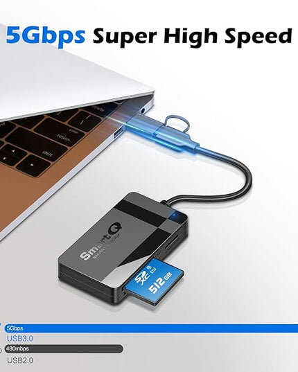 SD Card Reader, Memory Card Reader 4 in 1 USB C USB 3.0 Dual Connector Adapter Simultaneously Read SD MS CF TF Cards Supports Micro SD/Micro. Compatible with desktops, Tablets, and USB-C Smartphones