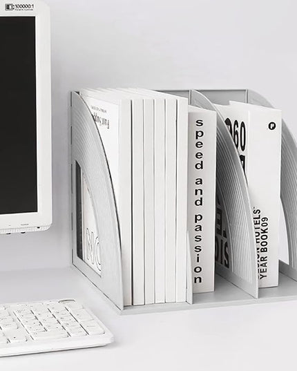 SAYEEC Magazine Holder Plastic File Sorter Binder Holder for Desk Folder Organizer Stand Book Shelf Dividers Vertical Filling Storage Rack Desktop Bookshelf Display Box for Office School Home (Grey)