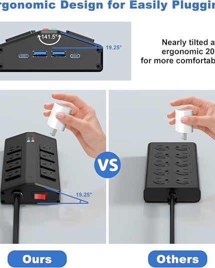 JUNNUJ Heavy Duty Power Strip with 8 Outlets and 4 USB Ports, Metal Wall Mount Surge Protector with 20 Amp 12 Gauge 6 FT Extension Cord for Garage, Industrial, Shop, ETL Listed