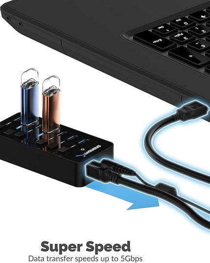 SABRENT 36W 7 Port USB 3.0 Hub with Individual Power Switches and LEDs Includes 36W 12V/3A Power Adapter (HB-BUP7)