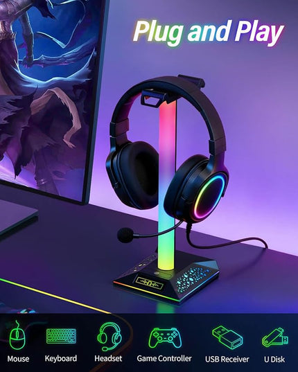 RGB Gaming Headset Stand, LED Headset Holder with 3 Charging Ports (2 USB & 1 Type-C) & 10 Lighting Modes, Headphone Stand Cool Stuff for Boys, Desk PC Gaming Accessories Gifts for Gamers Men Adult