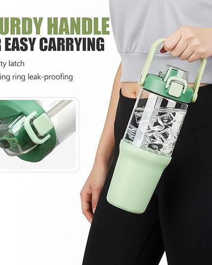 Glass Tumbler with Carry Handle, Clear Glass Water Bottle with Leakproof Lid, Spout Lid&Straw, BPA-Free, 32 oz, Light Green