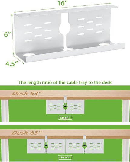 KEEGH 16'' Under Desk Cable Management Tray, Drill Free Clamp/Screws Mount, Sturdy Metal Cable Tray for Place Power Strip, Cord Management Tray Rack, Home, Office, White