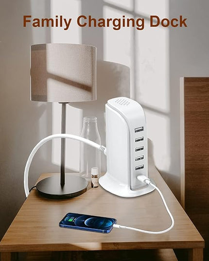 Charging Station for Multiple Devices 40W Upoy, Wall Charger Block 5 USB Ports(Shared 6A), USB Charging Hub Smart IC, Charger Tower with Type-C 3A for iPhone iPad Tablets Smartphones, Home Office Use