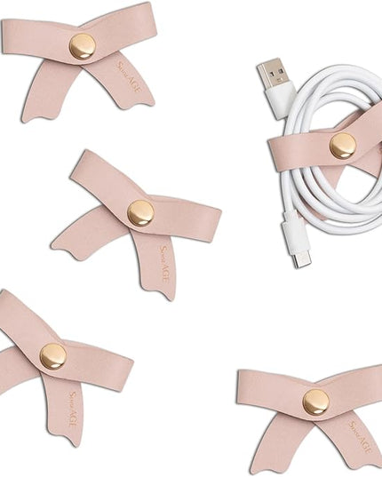 SenseAGE 5 Pack Cord Organizer, Bow Cord Keeper, Cable Organizer USB Holder, Leather Cable Management, Cable Straps, Earphone Winder, Storage Straps for Electronics, Earbuds (Dusty Rose, Big)