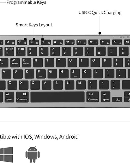 JKSML Wireless Keyboard with 78 Keys, Bluetooth and 2.4 GHz Wireless, Low Profile, Fluid Quiet Typing, 12 Programmable Keys, USB C Rechargeable, for Phone, Tablet, PC, Laptop, Smart TV - Black