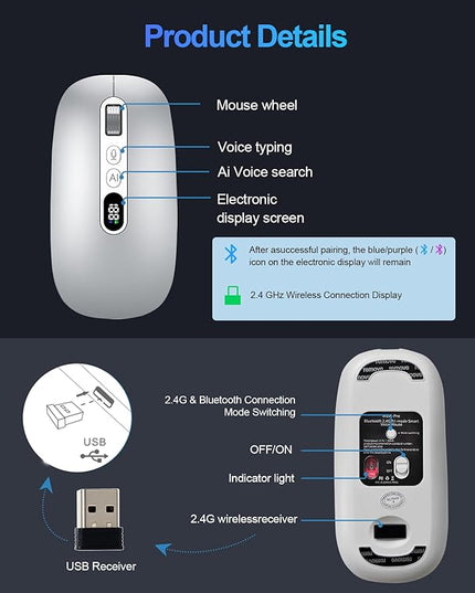 AI Wireless Mouse for Laptop PC- Enabled Bluetooth Mouse with Voice Recording & AI Summarize,Ergonomic Presenter Laser Pointer Remote,USB Rechargeable High-Performance Office Device